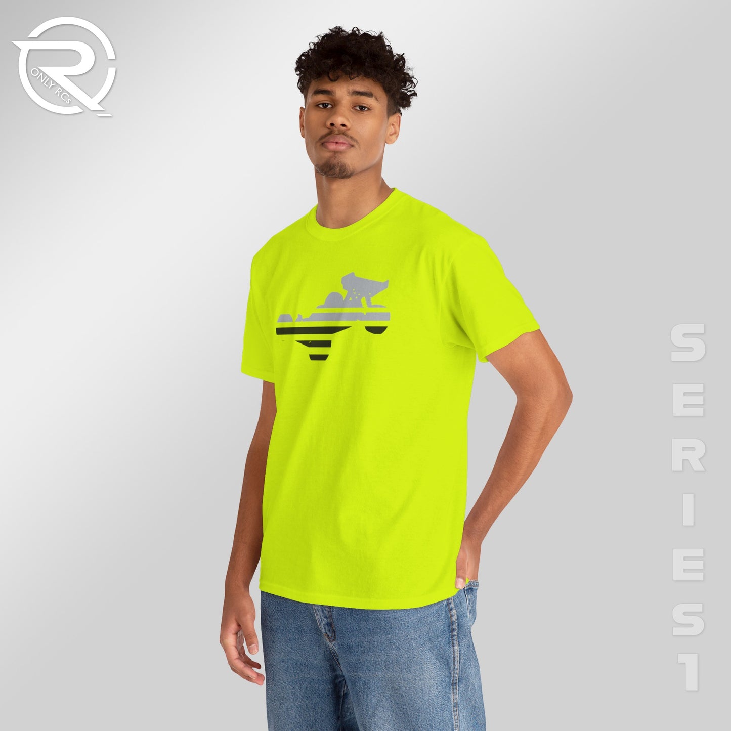 OnlyRCs - Buggy Black and Gray Fade on Safety Green Heavy Cotton Tee - Series 1